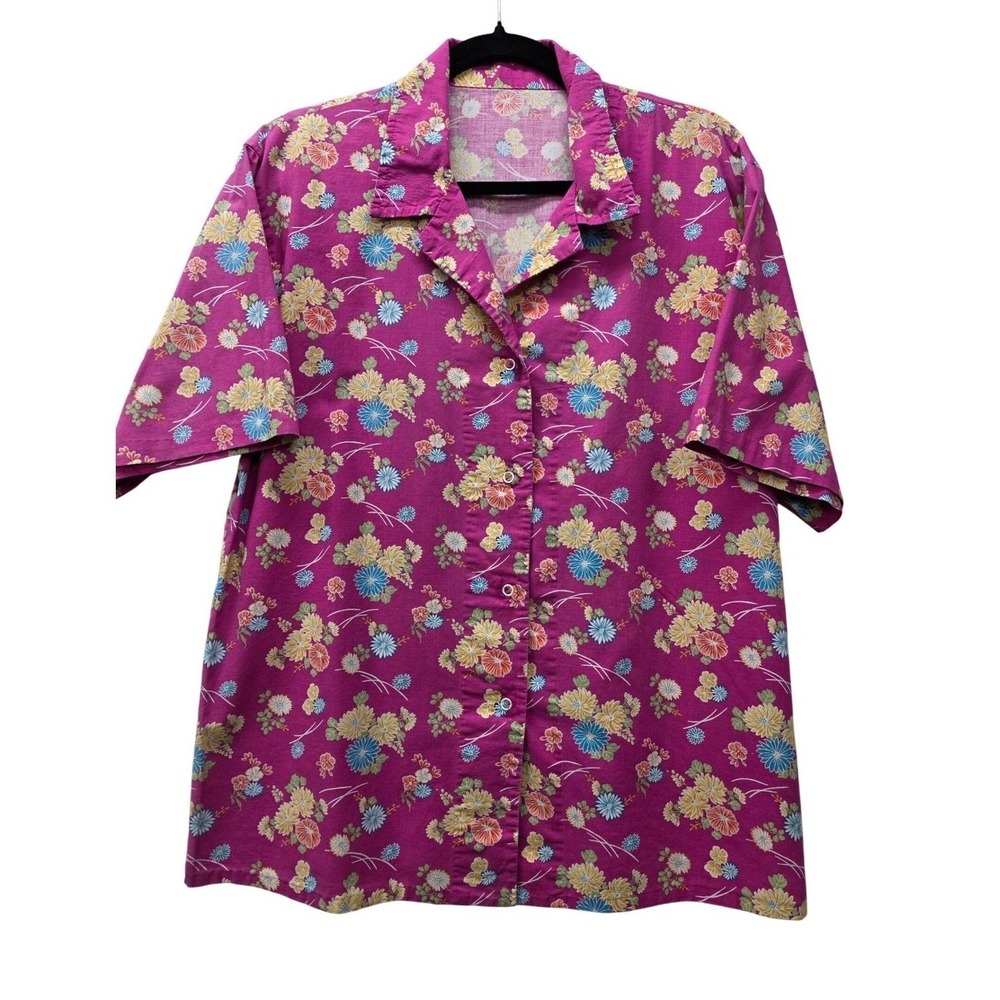 Vintage Style‎ Floral Button Down Shirt Magenta Pink Chrysanthemum Short Sleeve